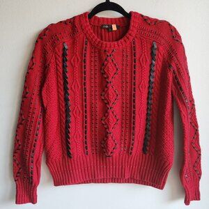 Maje Red Cable Knit Sweater with Faux Leather Detail - EU sz 1 (US XS)